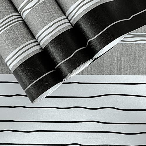 17.7" x 117" Black and Gray Stripe Contact Paper Peel and Stick Shelf Liner Stripe Pattern Self Adhesive Wallpaper for Cabinets Dresser Drawer Table Cupboard Walls Furniture Countertop