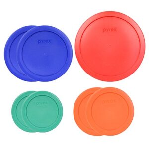 pyrex bundle – 7 items (1) 7402-pc 6/7 cup red (2) 7201-pc 4 cup cobalt blue (2) 7200-pc 2 cup orange (2) 7202-pc 1 cup green food storage lids