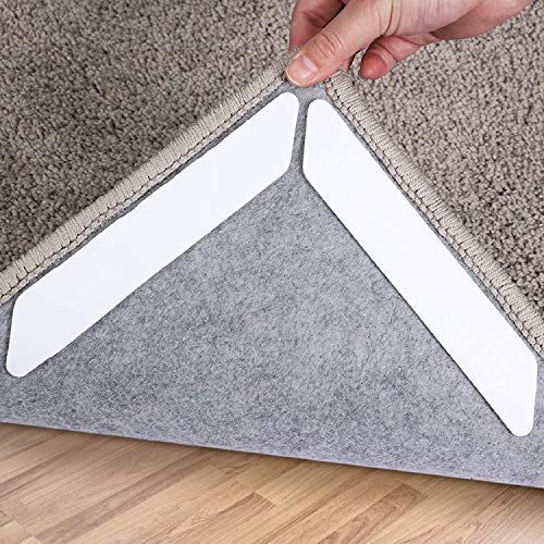 Sollifa Rug Tape,16 Pcs Dual Sided Washable Removable Rug Stopper Grip Your Area Rug, Non Slip Adhesive Prevent Curl for Hardwood Floors Grip Carpet Corners (Pearl White)