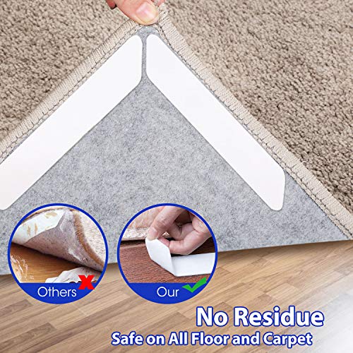 Sollifa Rug Tape,16 Pcs Dual Sided Washable Removable Rug Stopper Grip Your Area Rug, Non Slip Adhesive Prevent Curl for Hardwood Floors Grip Carpet Corners (Pearl White)