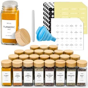 netany 24 pcs spice jars with labels – 4 oz glass spice jars with bamboo lids, minimalist farmhouse spice labels stickers, collapsible funnel, seasoning storage bottles for spice rack, cabinet, drawer