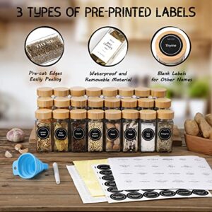 NETANY 24 Pcs Spice Jars with Labels - 4 oz Glass Spice Jars with Bamboo Lids, Minimalist Farmhouse Spice Labels Stickers, Collapsible Funnel, Seasoning Storage Bottles for Spice Rack, Cabinet, Drawer