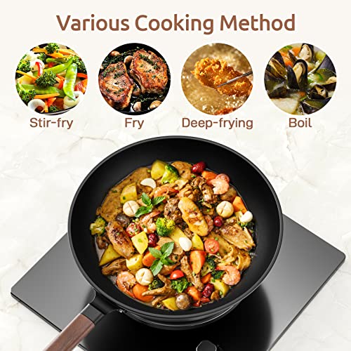 Todlabe Nonstick Wok, 13-Inch Carbon Steel Wok Pan with Lid Woks & Stir-Fry Pans No Chemical Coated Wok with Spatula Flat Bottom Cookware Chinese Wok for Induction, Electric, Gas, Halogen, All Stoves