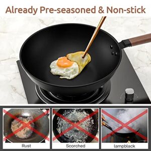 Todlabe Nonstick Wok, 13-Inch Carbon Steel Wok Pan with Lid Woks & Stir-Fry Pans No Chemical Coated Wok with Spatula Flat Bottom Cookware Chinese Wok for Induction, Electric, Gas, Halogen, All Stoves