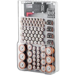 the battery organizer and tester with cover, battery storage organizer and case, holds 93 batteries of various sizes, includes a removable battery tester, battery holder for garage organization, white