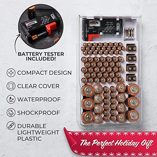 The Battery Organizer and Tester with Cover, Battery Storage Organizer and Case, Holds 93 Batteries of Various Sizes, Includes a Removable Battery Tester, Battery Holder for Garage Organization, White