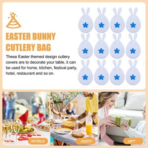 ABOOFAN Easter Silverware Holders 12pcs Easter Bunny Cutlery Bag Flatware Pouch Fork Spoon Chopsticks Utensil Bags Easter Dinner Decorations Blue