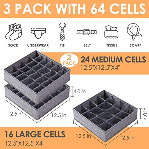 Criusia 3 Pack Sock Underwear Organizer Dividers, 64 Cell Drawer Organizers Fabric Foldable Cabinet Closet Organizers and Storage Boxes for Storing Socks, Underwear, Ties (16+24+24 Cell, Gray)