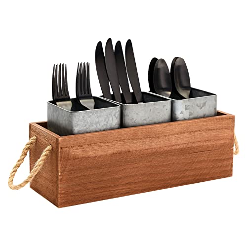 Farmhouse Galvanized Utensil Holder with 3 Compartments (12.6 x 4.5 x 5.3 In)