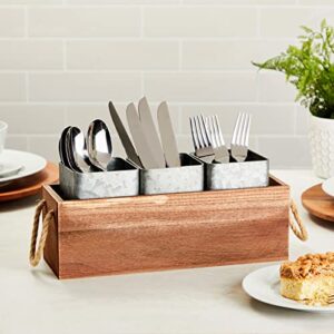 Farmhouse Galvanized Utensil Holder with 3 Compartments (12.6 x 4.5 x 5.3 In)