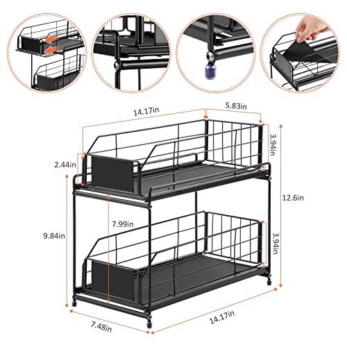 DBDEIW Pull-out Cabinet Organizer, Stackable 2-tier Under Sink Under Sink Organizers and Storage with Sliding Storage Drawer for Bathroom, Kitchen, Office, Black(1 PACK-Metal)