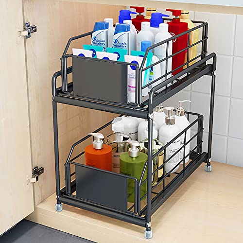 DBDEIW Pull-out Cabinet Organizer, Stackable 2-tier Under Sink Under Sink Organizers and Storage with Sliding Storage Drawer for Bathroom, Kitchen, Office, Black(1 PACK-Metal)