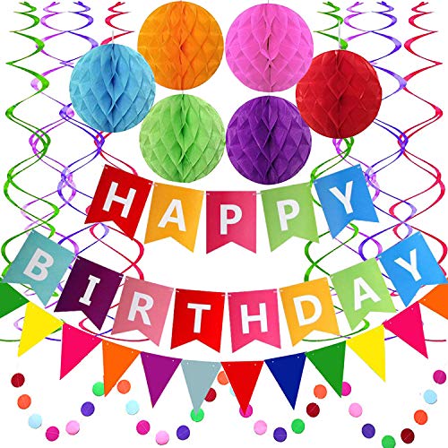 Happy Birthday Banner With Colorful Paper Flag Bunting Paper Circle Confetti Garland Swirl Streamers Honeycomb ball for Birthday Party Decorations