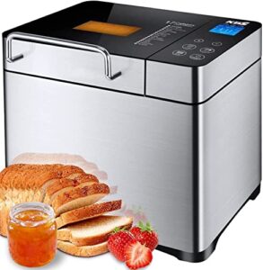 kbs large 17-in-1 bread machine, 2lb all stainless steel bread maker with auto fruit nut dispenser, nonstick ceramic pan, full touch panel tempered glass, reserve& keep warm set, oven mitt and recipes