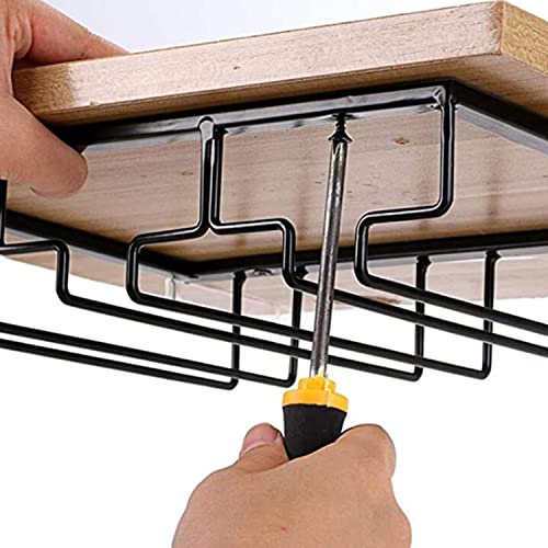 Onestep Club | 2 Wine Glass Holder Under Cabinet Screw Mounted with 2 Corkscrew Bottle Opener Glass Storage Rack for Kitchen Restaurant Undermount Metal Organizer Glasses Storage Hanger Black