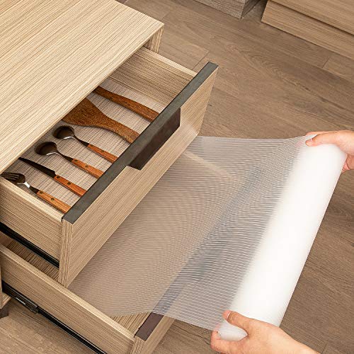 SinhRinh Drawer and Shelf Liner, 12IN x 10FT Non Slip Non Adhesive Cabinet Liner for Kitchen and Desk - Clear Ribbed