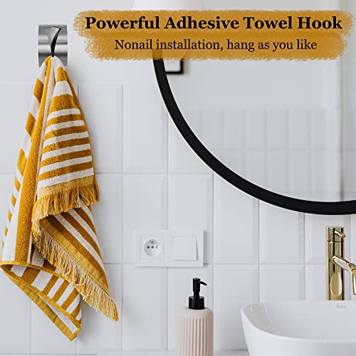 Self Adhesive Towel Hook Holder, Kitchen Dish Towel Holder Towel Hanger Premiun Stainless Steel Wall Mount Non-Drilling Hand Towel Hook Tea Towel Holders for Bathroom Kitchen (Silver)