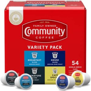 community coffee variety pack 54 count coffee pods, medium dark roast, compatible with keurig 2.0 k-cup brewers