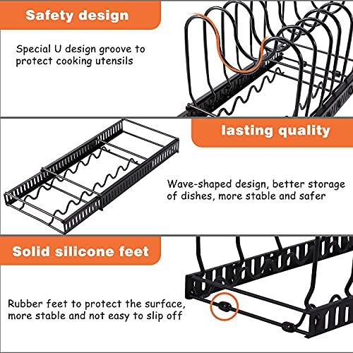 Pot and Pan Organizer Rack For Cabinet, Expandable Pot Organizer Rack - Pans Pots Lid Organizer For Kitchen Cabinet Pantry Bakeware Pot and Pan Rack Holder with 10 Adjustable Compartments