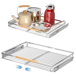 benzoyl pull out cabinet shelf, heavy duty under sink slide out cabinet organizer, anti rust kitchen organizer basket, smooth roll expandable sliding drawer, 2 pack chrome 16.1~26.6”