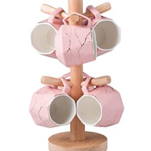 Jusalpha 7PC Deluxe Golden Marble Porcelain Coffee Mug Set with Wooden Mug Tree Holder, TCS28 (Pink)