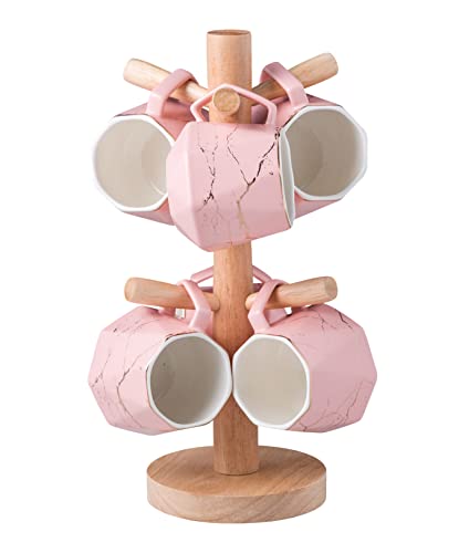 Jusalpha 7PC Deluxe Golden Marble Porcelain Coffee Mug Set with Wooden Mug Tree Holder, TCS28 (Pink)