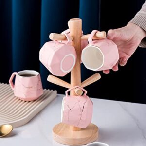 Jusalpha 7PC Deluxe Golden Marble Porcelain Coffee Mug Set with Wooden Mug Tree Holder, TCS28 (Pink)