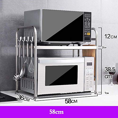 Double Stainless Steel Microwave Oven Rack/Kitchen Desktop Oven Shelf/countertop Rice Cooker Storage Shelf / 6 Hooks/can Bear 20KG