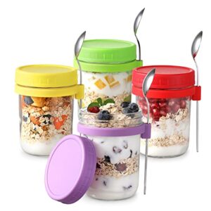 landneoo 4 pack overnight oats containers with lids and spoons, 16 oz glass mason overnight oats jars, large capacity airtight jars for milk, cereal, fruit