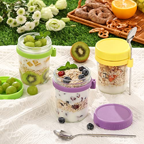 LANDNEOO 4 Pack Overnight Oats Containers with Lids and Spoons, 16 oz Glass Mason Overnight Oats Jars, Large Capacity Airtight Jars for Milk, Cereal, Fruit