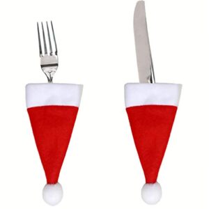 Amosfun 12pcs Christmas Silverware Holders Pockets Santa Hat Cutlery Pouch Bag Utensil Holders for Xmas Holiday Table Decoration