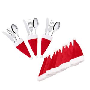 Amosfun 12pcs Christmas Silverware Holders Pockets Santa Hat Cutlery Pouch Bag Utensil Holders for Xmas Holiday Table Decoration