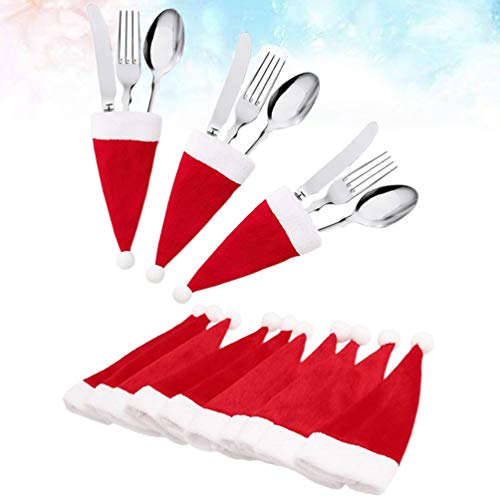 Amosfun 12pcs Christmas Silverware Holders Pockets Santa Hat Cutlery Pouch Bag Utensil Holders for Xmas Holiday Table Decoration