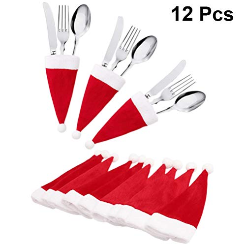 Amosfun 12pcs Christmas Silverware Holders Pockets Santa Hat Cutlery Pouch Bag Utensil Holders for Xmas Holiday Table Decoration