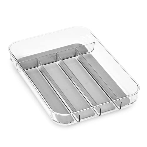 madesmart Antimicrobial Clear Soft Grip Mini Silverware Tray, Non-Slip Kitchen Drawer Organizer, 5 Compartments, Multi-Purpose Home Organization, EPA Certified, Light Grey