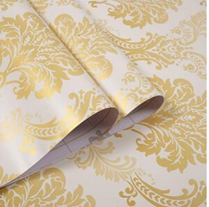 gold damask contact paper self adhesive shelf drawer liner, peel and stick damask wallpaper roll shelf liner cabinets door drawer sticker 17.7″ x 78.7″ (gold)