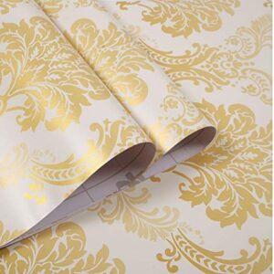 Gold Damask Contact Paper Self Adhesive Shelf Drawer Liner, Peel and Stick Damask Wallpaper Roll Shelf Liner Cabinets Door Drawer Sticker 17.7" x 78.7" (Gold)