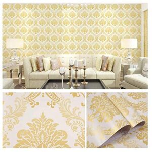 Gold Damask Contact Paper Self Adhesive Shelf Drawer Liner, Peel and Stick Damask Wallpaper Roll Shelf Liner Cabinets Door Drawer Sticker 17.7" x 78.7" (Gold)