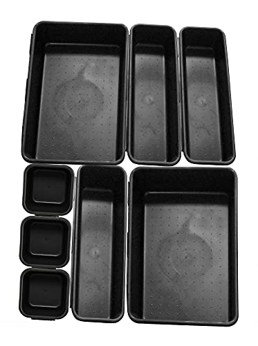 HOME-X Connecting Organizer Trays, Set of Interlocking Adjustable Trays for Organizing Office Supplies and Kitchen Utensil Drawers, Set of 8, 3 Sizes, Black