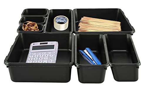 HOME-X Connecting Organizer Trays, Set of Interlocking Adjustable Trays for Organizing Office Supplies and Kitchen Utensil Drawers, Set of 8, 3 Sizes, Black