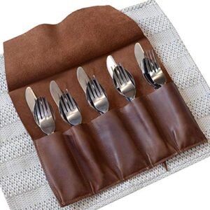 hide & drink, leather cutlery roll / for picnic / restaurants / cafés / home & office / traveling / camping, handmade – bourbon brown