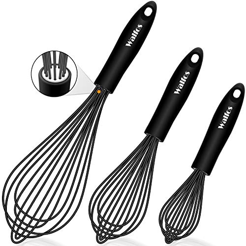 Walfos Silicone Whisk, Stainless Steel Wire Whisk Set of 3 -Heat Resistant Kitchen Whisks for Non-stick Cookware, Balloon Egg Beater Perfect for Blending, Whisking, Beating, Frothing & Stirring, Black