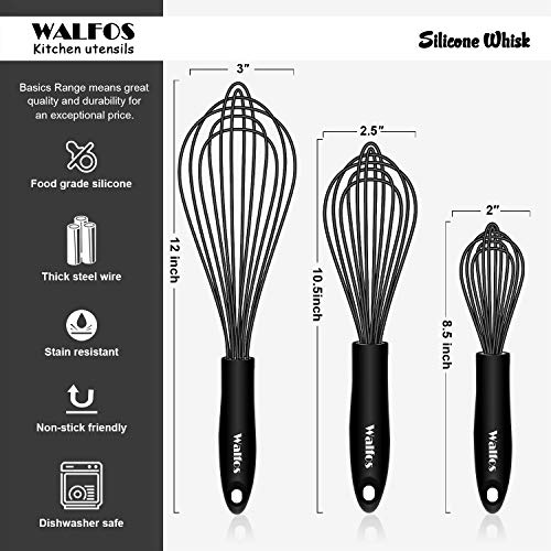 Walfos Silicone Whisk, Stainless Steel Wire Whisk Set of 3 -Heat Resistant Kitchen Whisks for Non-stick Cookware, Balloon Egg Beater Perfect for Blending, Whisking, Beating, Frothing & Stirring, Black