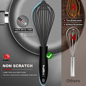 Walfos Silicone Whisk, Stainless Steel Wire Whisk Set of 3 -Heat Resistant Kitchen Whisks for Non-stick Cookware, Balloon Egg Beater Perfect for Blending, Whisking, Beating, Frothing & Stirring, Black