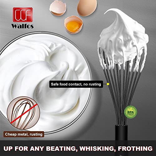 Walfos Silicone Whisk, Stainless Steel Wire Whisk Set of 3 -Heat Resistant Kitchen Whisks for Non-stick Cookware, Balloon Egg Beater Perfect for Blending, Whisking, Beating, Frothing & Stirring, Black