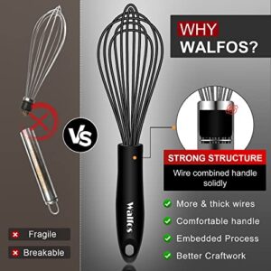 Walfos Silicone Whisk, Stainless Steel Wire Whisk Set of 3 -Heat Resistant Kitchen Whisks for Non-stick Cookware, Balloon Egg Beater Perfect for Blending, Whisking, Beating, Frothing & Stirring, Black