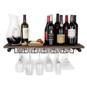 rustic state wall mounted reclaimed wood floating wine bottle rack with glassware holder stemware shelf storage organizer – home, kitchen, dining room bar décor – walnut