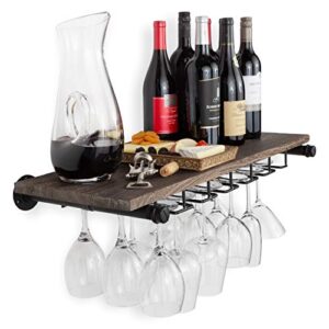 Rustic State Wall Mounted Reclaimed Wood Floating Wine Bottle Rack with Glassware Holder Stemware Shelf Storage Organizer - Home, Kitchen, Dining Room Bar Décor - Walnut