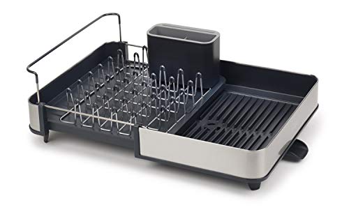 Joseph Joseph Stainless-Steel Extendable Dual Part Dish Rack Non-Scratch and Movable Cutlery Drainer and Drainage Spout, Gray & DrawerStore Compact Cutlery Organizer Kitchen Drawer Tray, Large, Gray