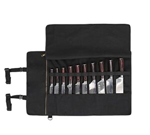 chef’s knife roll bag with 10 slots and 1 large zipper pocket, heavy duty 16oz waxed canvas knife case